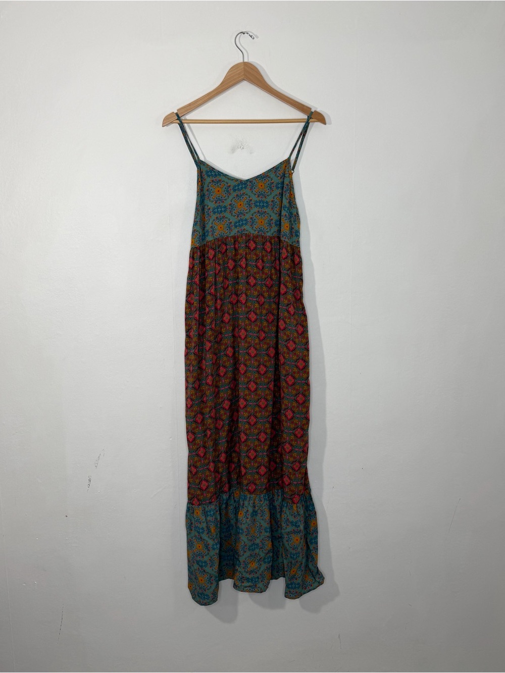 Natural Life Teal Rust Pink Floral Tiered Boho Festival Maxi Dress Size Small
